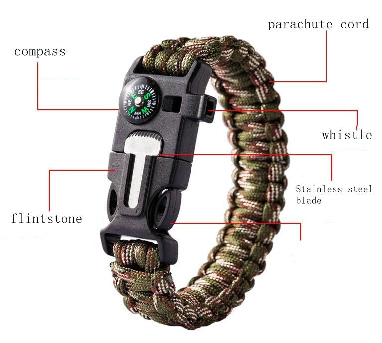 Parachute cord survival bracelet, multifunctional with compass, whistle and flint lighter.