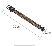 Load image into Gallery viewer, Parachute cord survival bracelet, multifunctional with compass, whistle and flint lighter.
